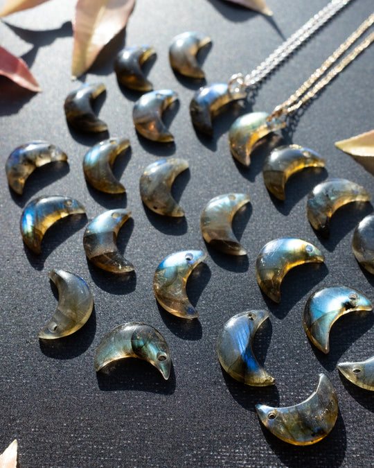 Labradorite Crescent Moon Recycled Sterling Silver or Gold Necklace - The Healing Pear