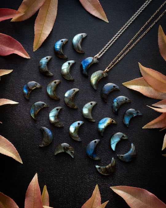 Labradorite Crescent Moon Recycled Sterling Silver or Gold Necklace - The Healing Pear
