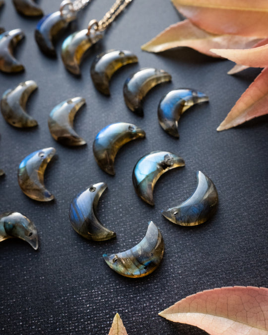 Labradorite Crescent Moon Recycled Sterling Silver or Gold Necklace - The Healing Pear