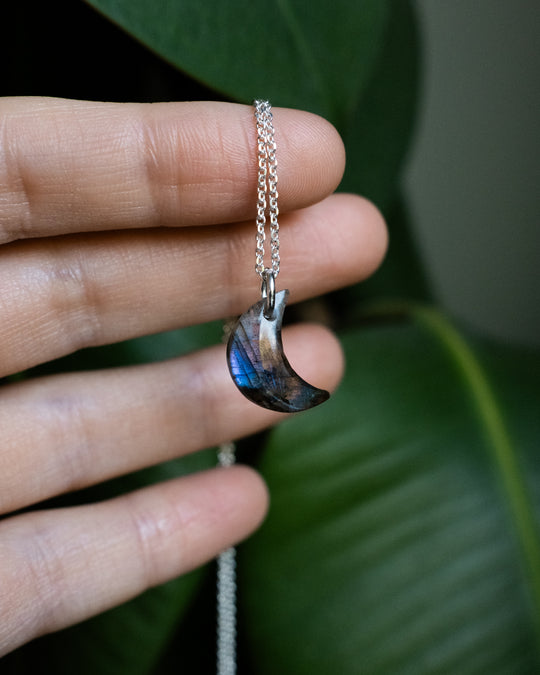 Labradorite Crescent Moon Recycled Sterling Silver or Gold Necklace - The Healing Pear
