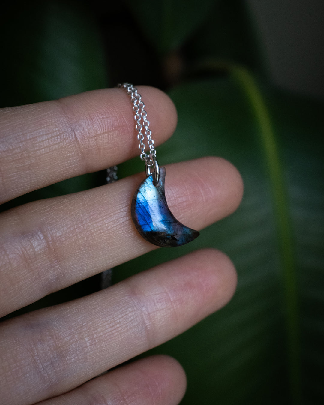 Labradorite Crescent Moon Recycled Sterling Silver or Gold Necklace - The Healing Pear