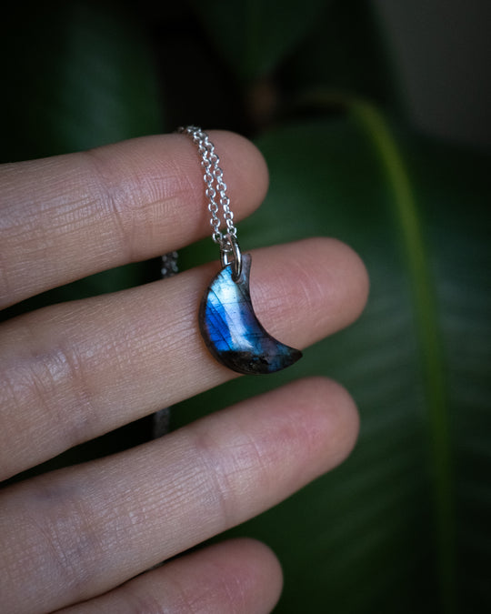 Labradorite Crescent Moon Recycled Sterling Silver or Gold Necklace - The Healing Pear