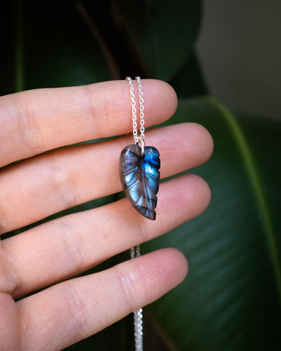 Labradorite Hand Carved Leaf Necklace
