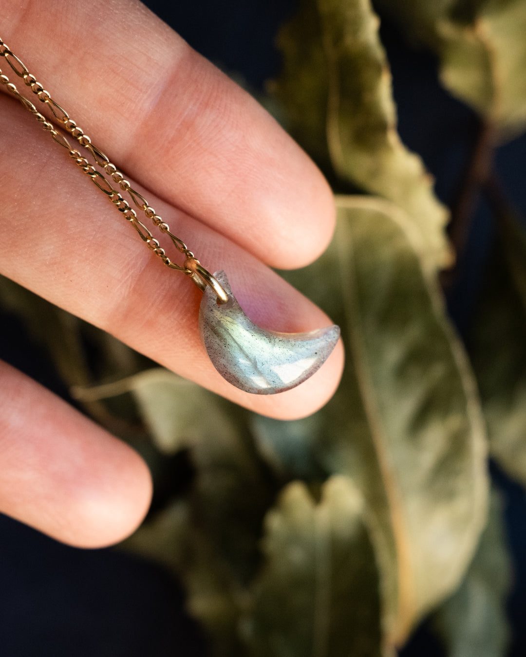 Labradorite Crescent Moon Recycled Sterling Silver or Gold Necklace - The Healing Pear