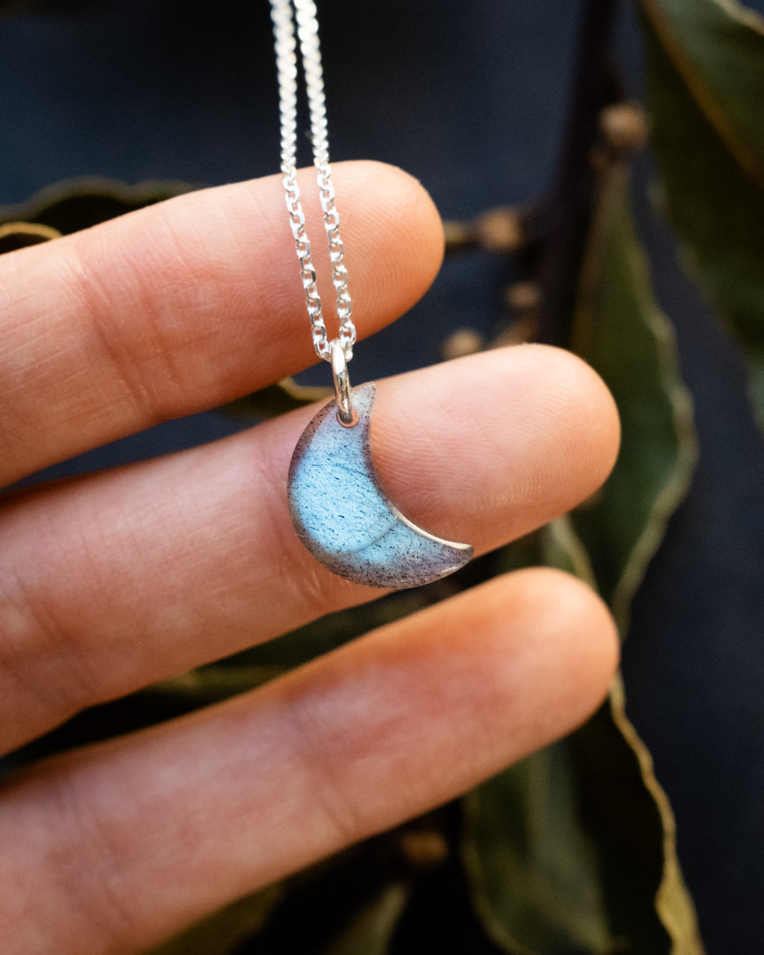 Labradorite Crescent Moon Recycled Sterling Silver or Gold Necklace - The Healing Pear
