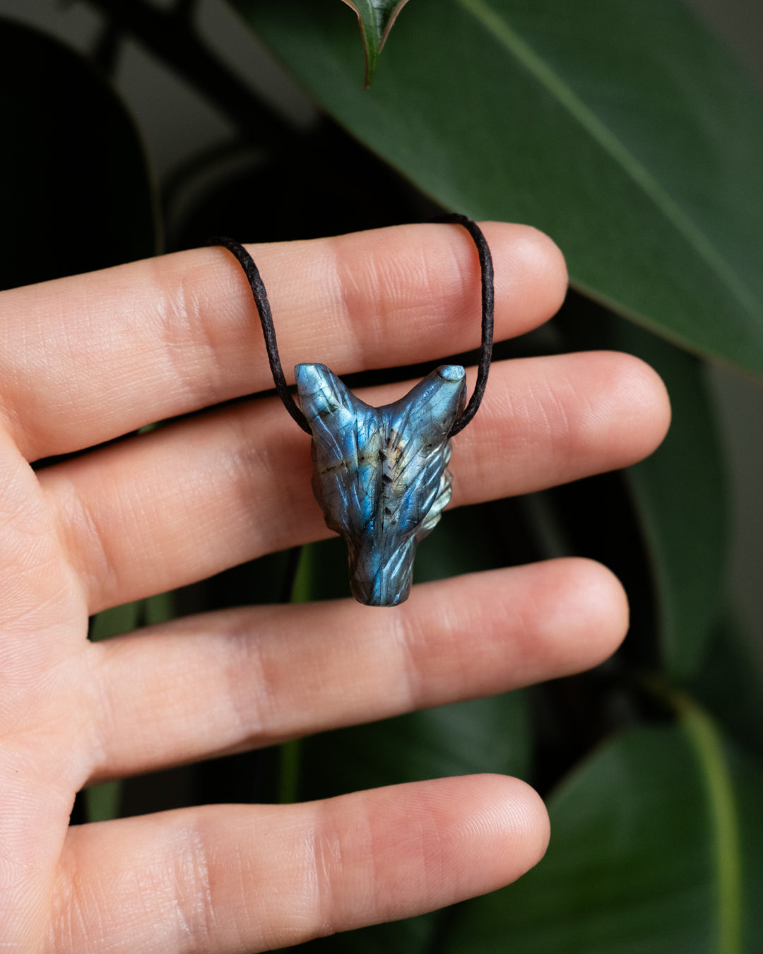 Gemstone Labradorite Wolf Necklace – Hand Carved Spiritual