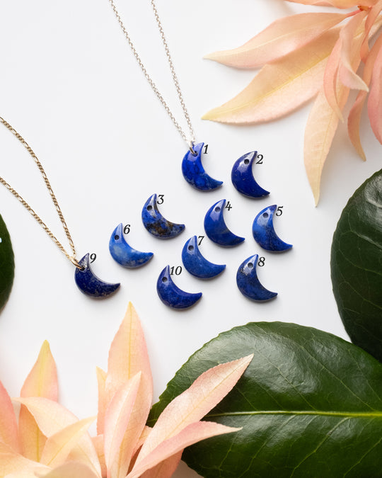 Lapis Lazuli Crescent Moon Recycled Sterling Silver or Gold Necklace - The Healing Pear