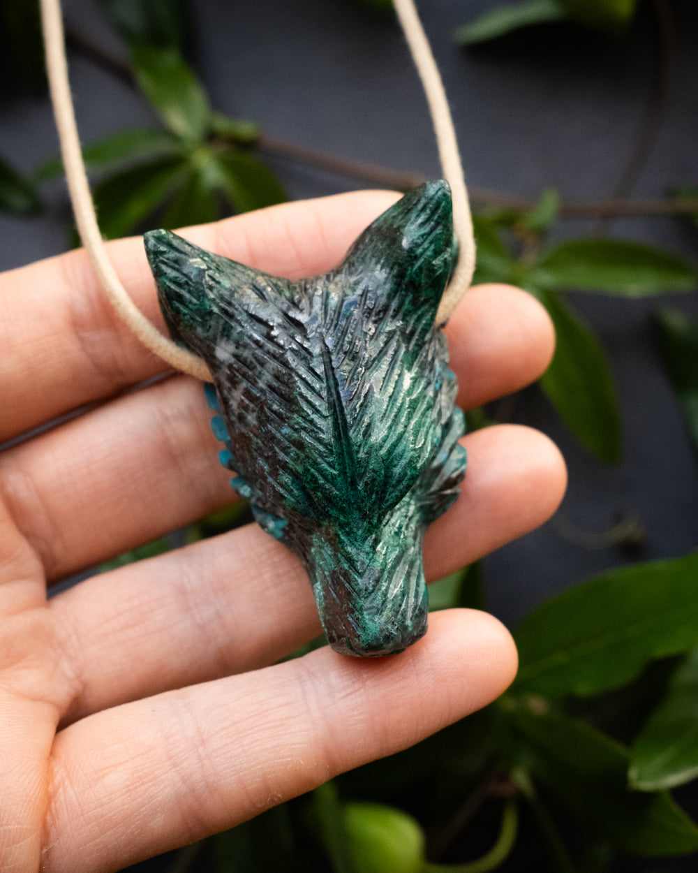 Large Rainbow Chrysocolla Hand Carved Wolf Necklace