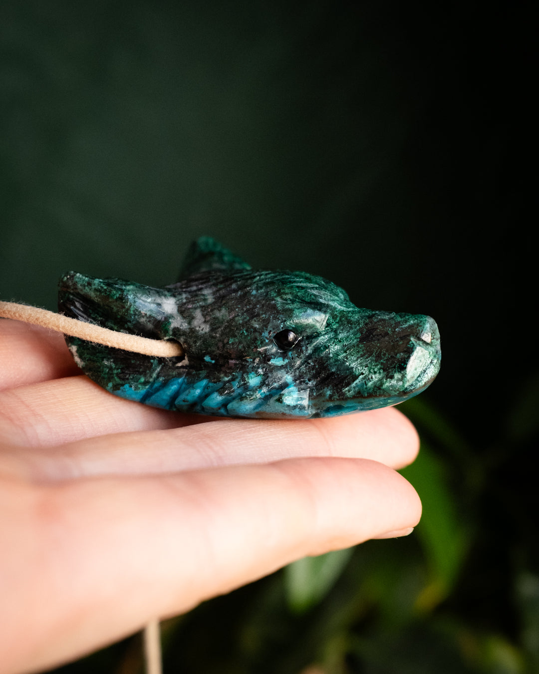 Large Rainbow Chrysocolla Hand Carved Wolf Necklace