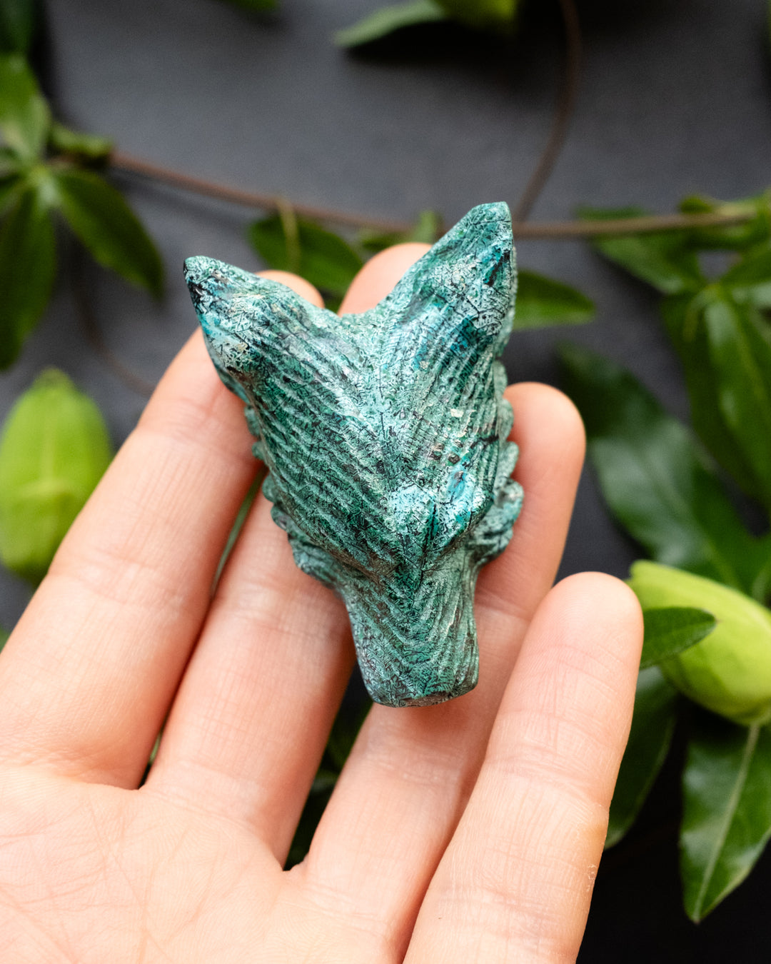 Large Rainbow Chrysocolla Hand Carved Wolf Necklace