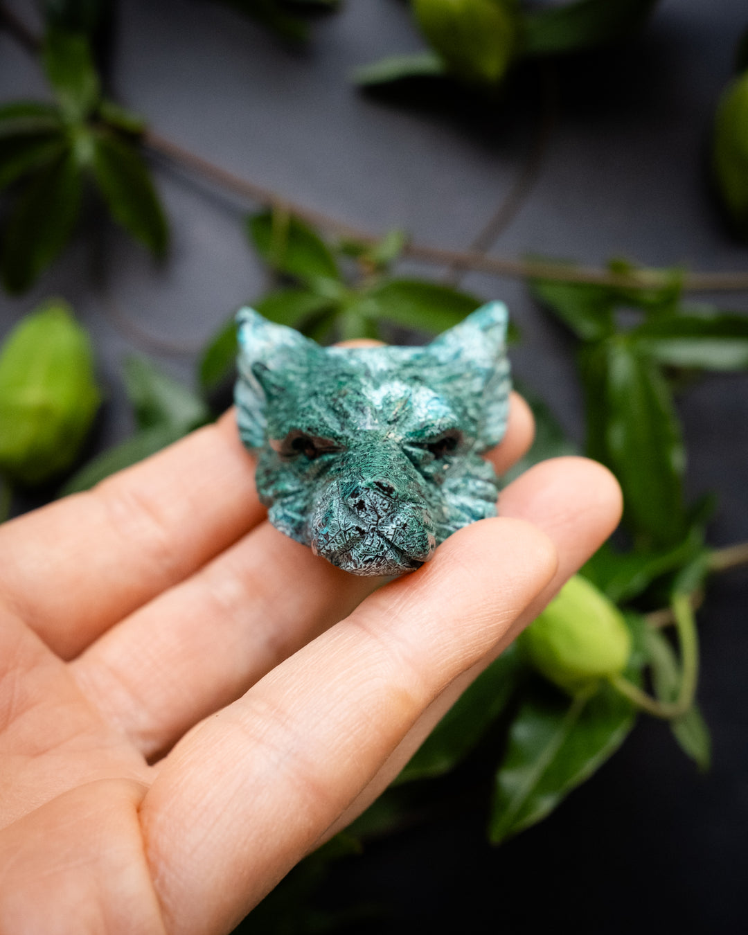 Large Rainbow Chrysocolla Hand Carved Wolf Necklace