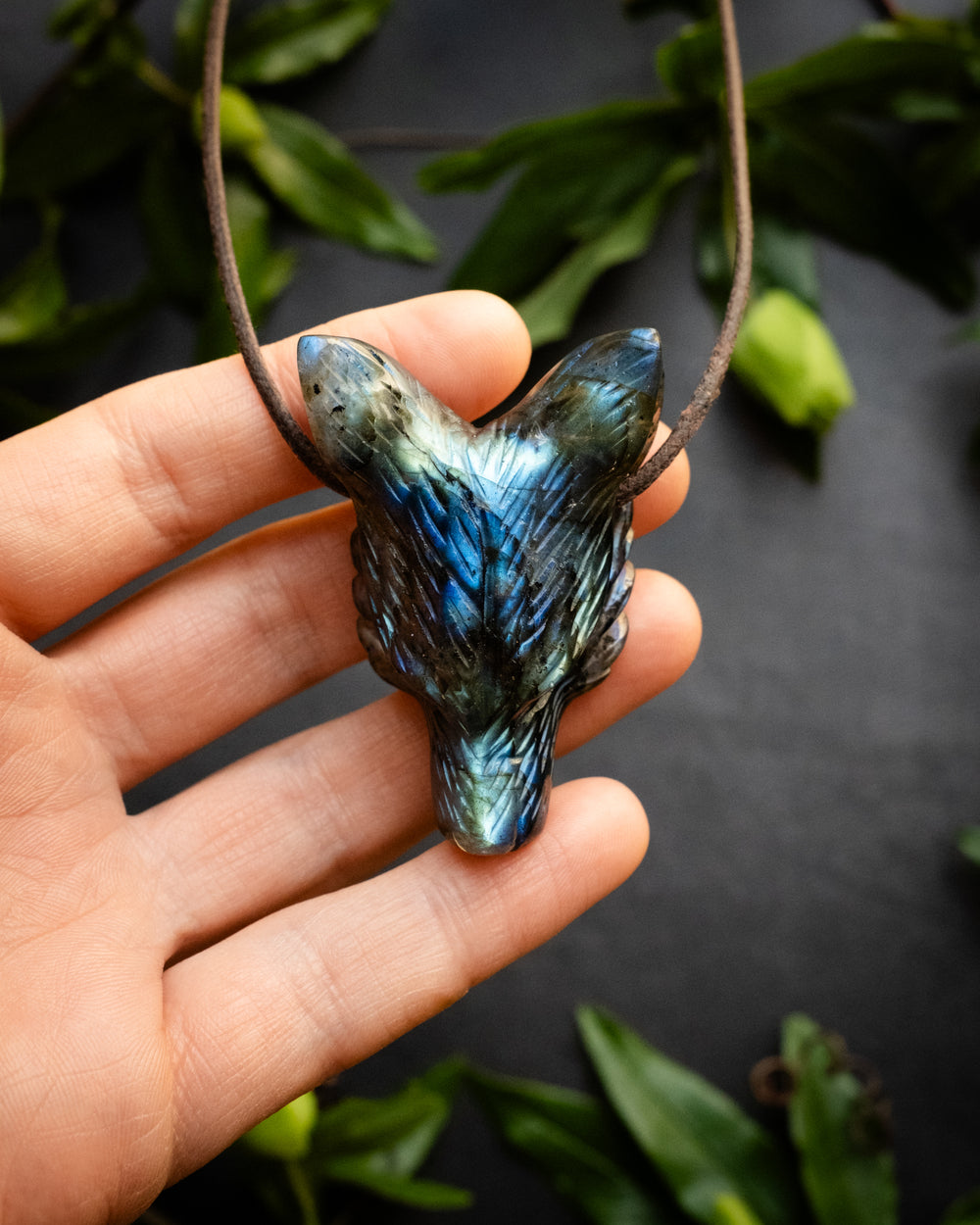 Large Labradorite Hand Carved Wolf Necklace