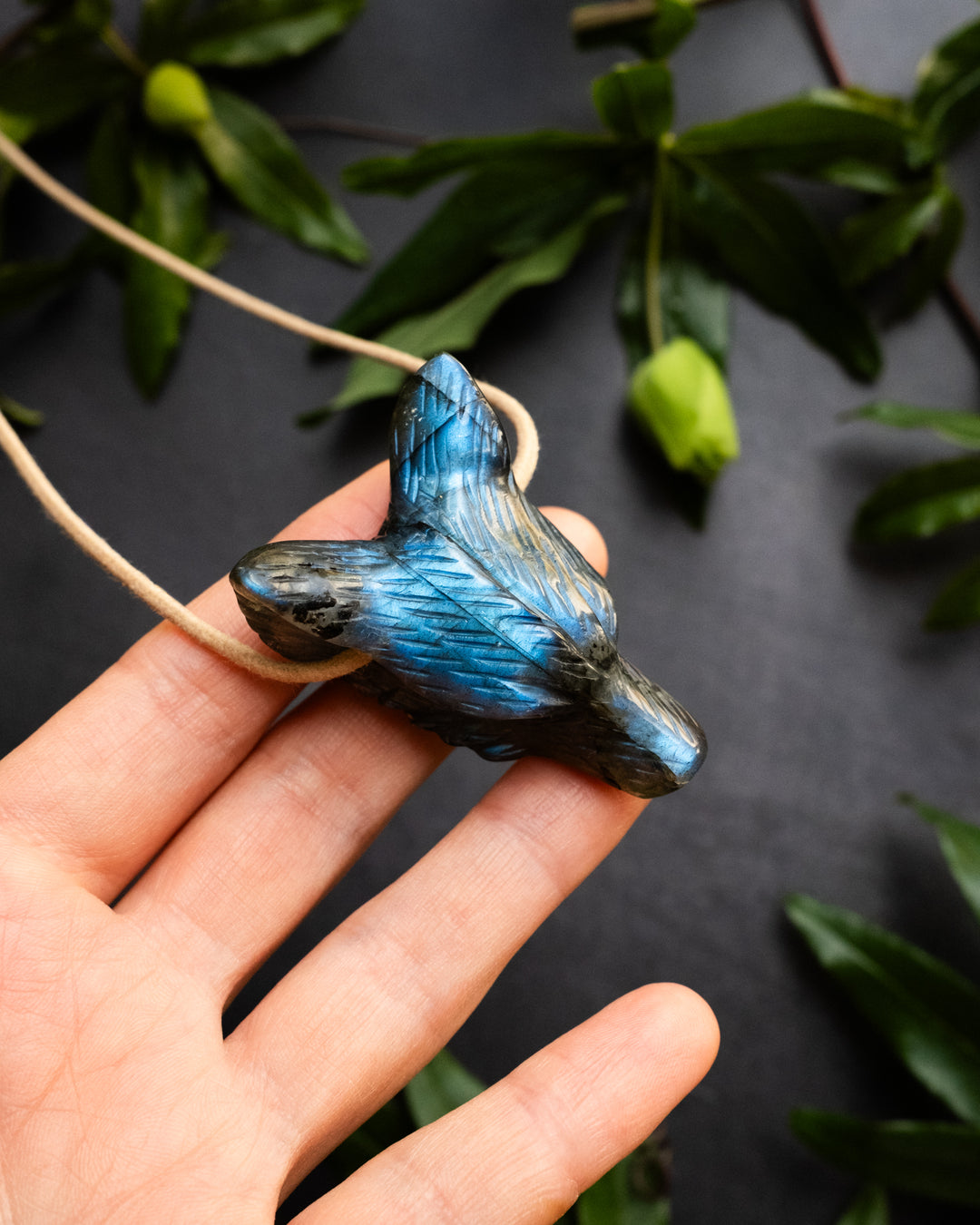 Large Labradorite Hand Carved Wolf Necklace