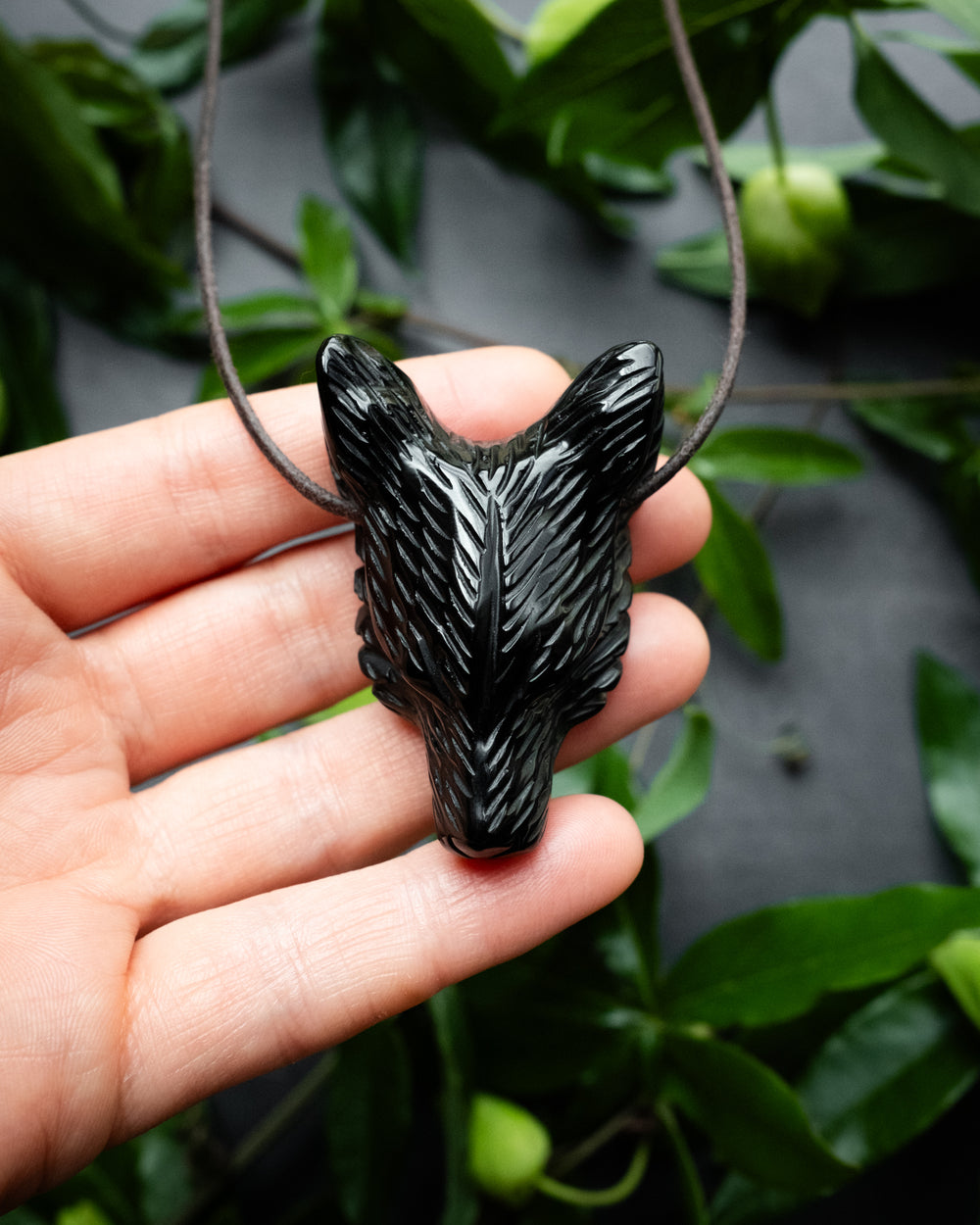 Large Obsidian Hand Carved Wolf Necklace