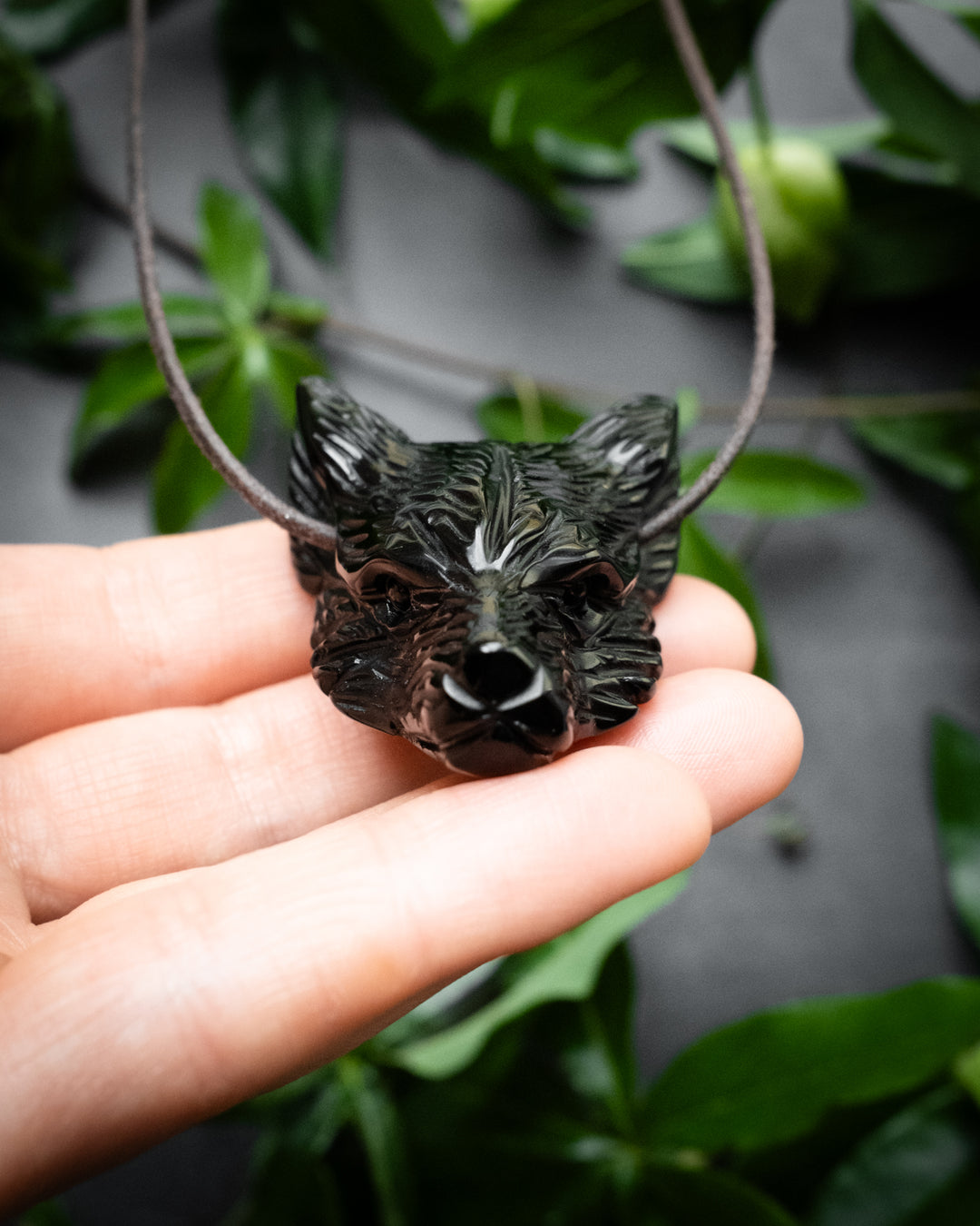 Large Obsidian Hand Carved Wolf Necklace