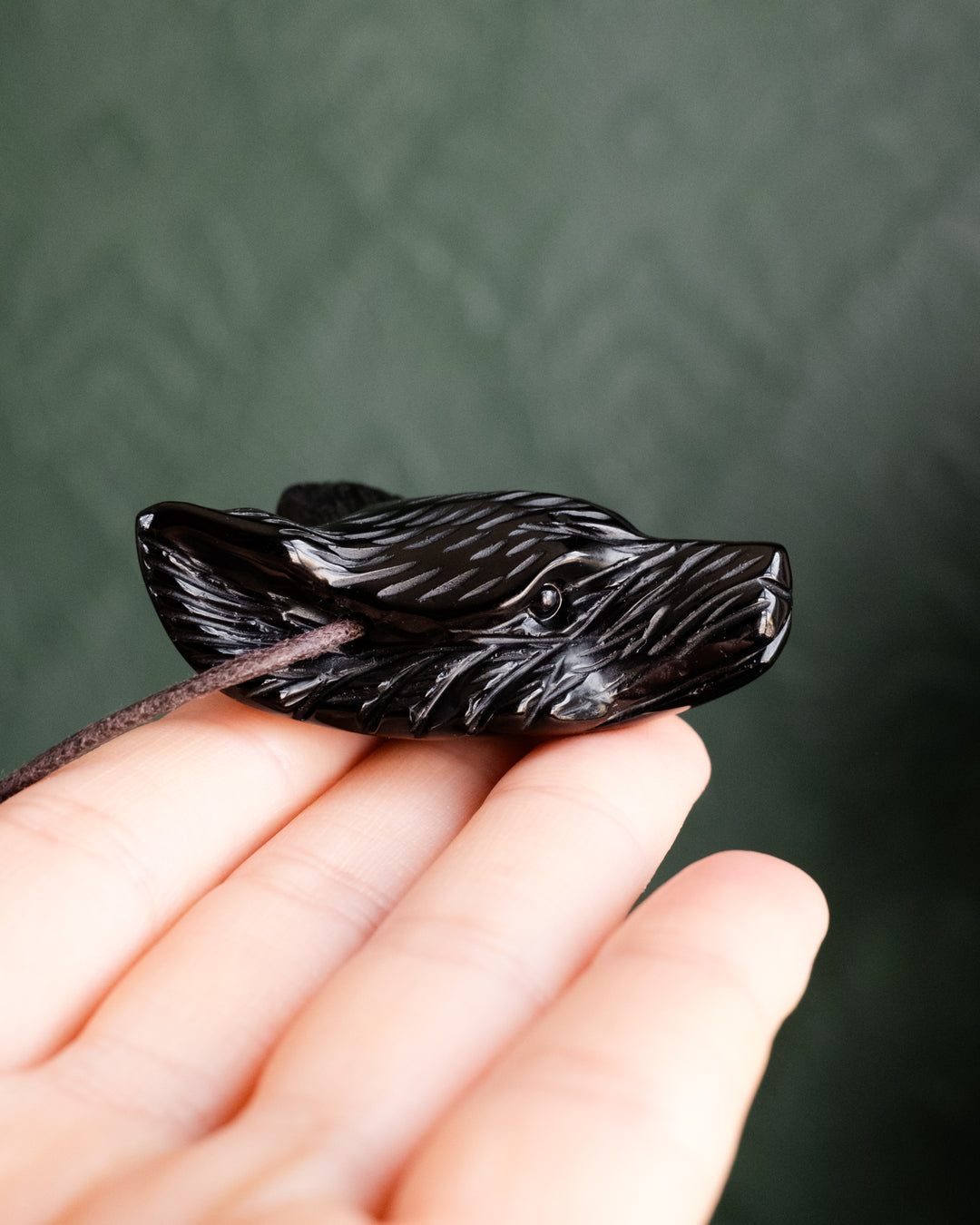 Large Obsidian Hand Carved Wolf Necklace