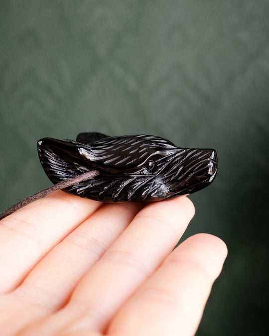 Large Obsidian Hand Carved Wolf Necklace