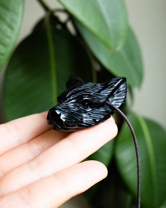 Large Obsidian Hand Carved Wolf Necklace