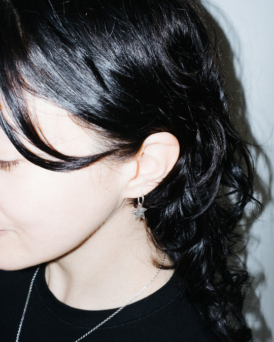 Grossular Garnet Crescent Moon &amp; Reticulated Star Recycled Sterling Silver Hoop Earrings - The Healing Pear