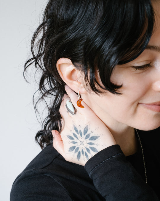 Grossular Garnet Crescent Moon Recycled Sterling Silver Hoop Earrings - The Healing Pear