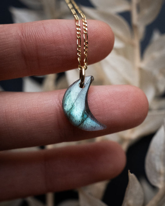 Labradorite Crescent Moon Recycled Sterling Silver or Gold Necklace - The Healing Pear