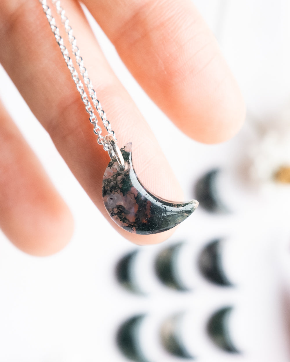Moss Agate Crescent Moon Recycled Sterling Silver or Gold Necklace - The Healing Pear