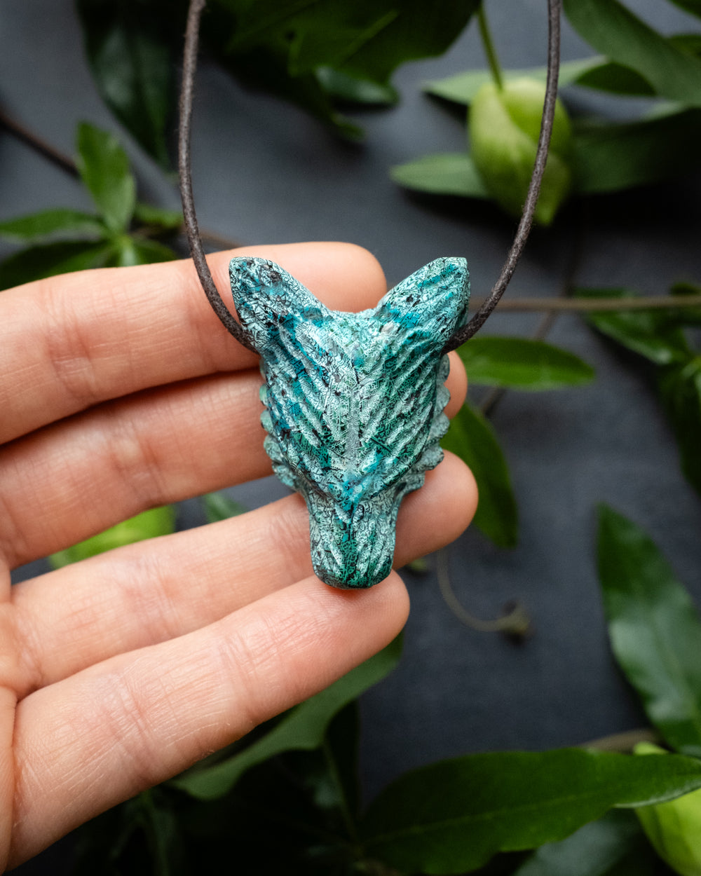 Rainbow Chrysocolla Hand Carved Wolf Necklace
