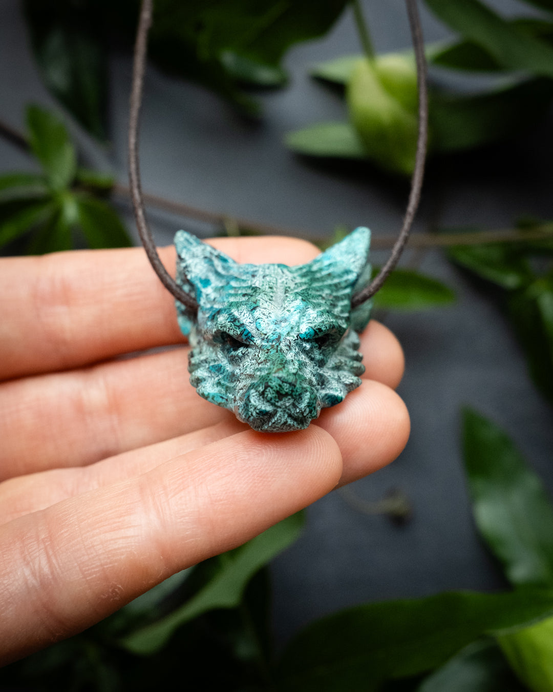 Rainbow Chrysocolla Hand Carved Wolf Necklace
