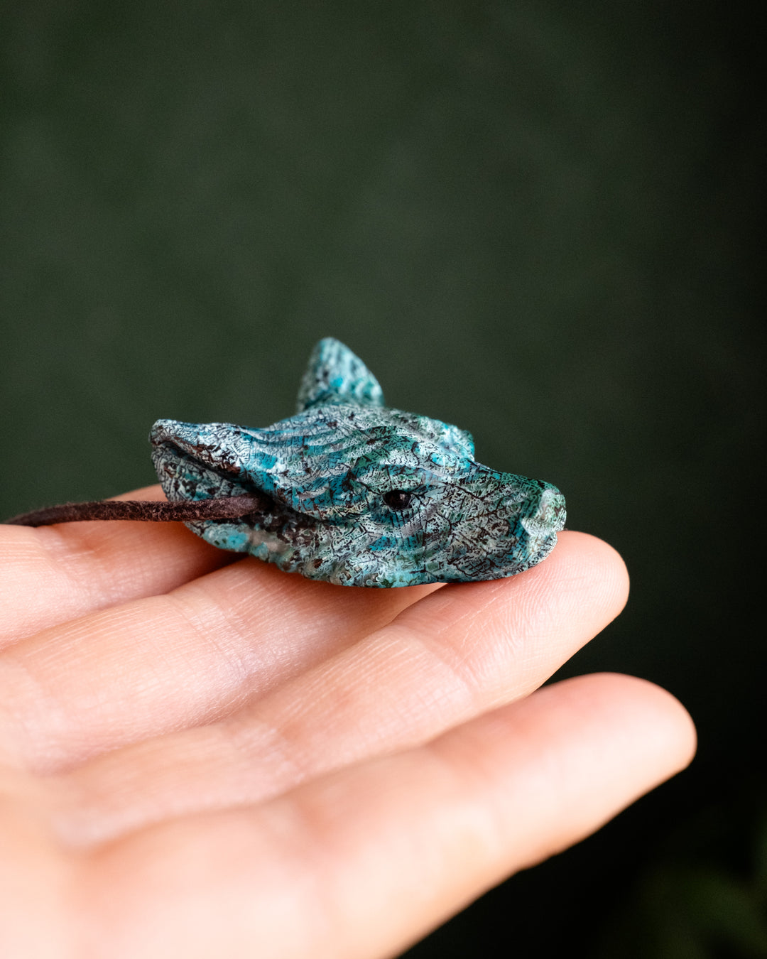 Rainbow Chrysocolla Hand Carved Wolf Necklace