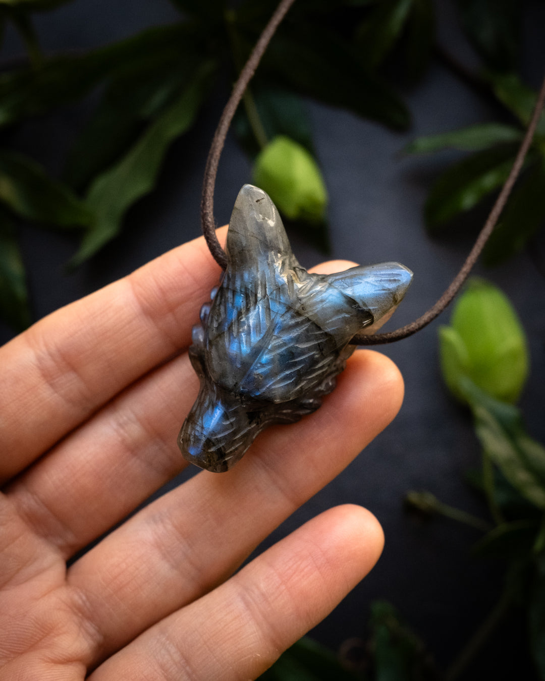 Labradorite Hand Carved Wolf Necklace