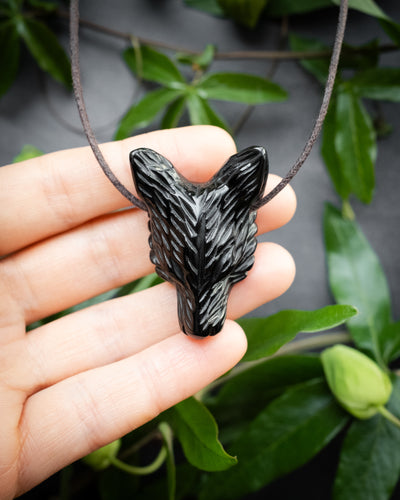 Obsidian Hand Carved Wolf Necklace