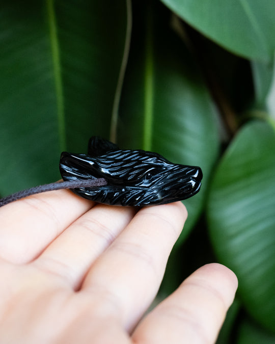 Obsidian Hand Carved Wolf Necklace
