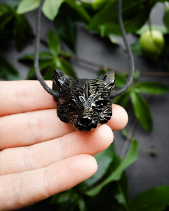 Obsidian Hand Carved Wolf Necklace