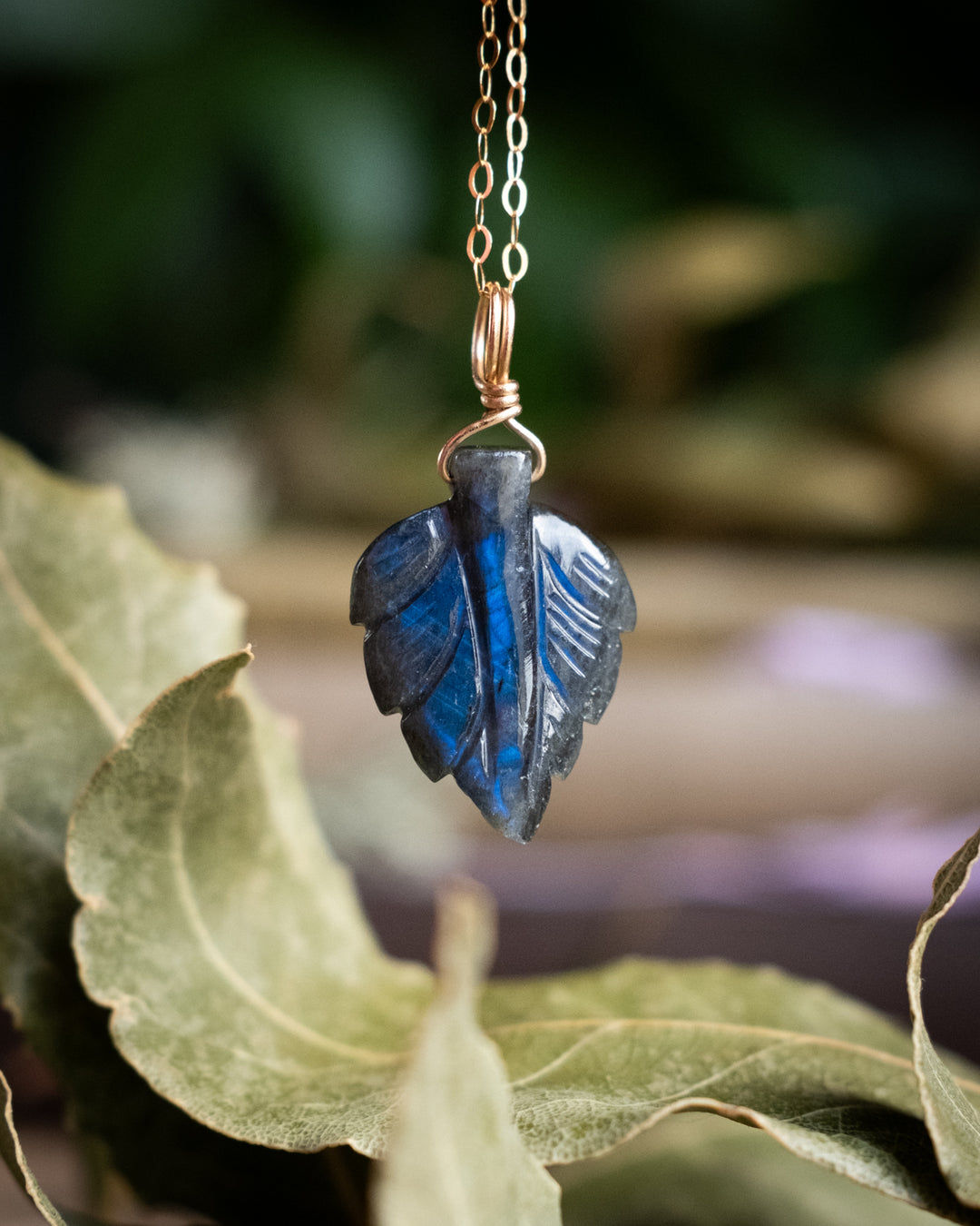 Midnight Blue Labradorite Hand Carved Leaf Recycled 9ct Gold Necklace - The Healing Pear