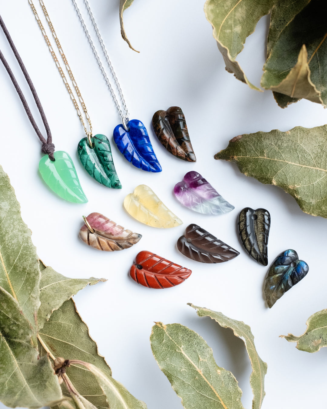 Mixed Gemstone Hand Carved Leaf Necklace - The Healing Pear