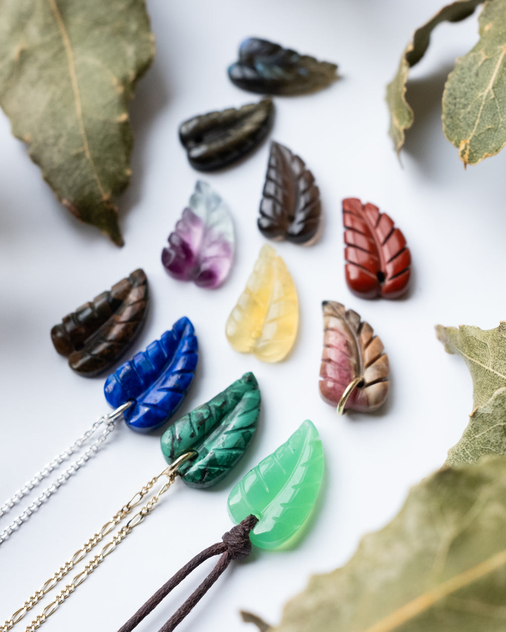 Mixed Gemstone Hand Carved Leaf Necklace - The Healing Pear