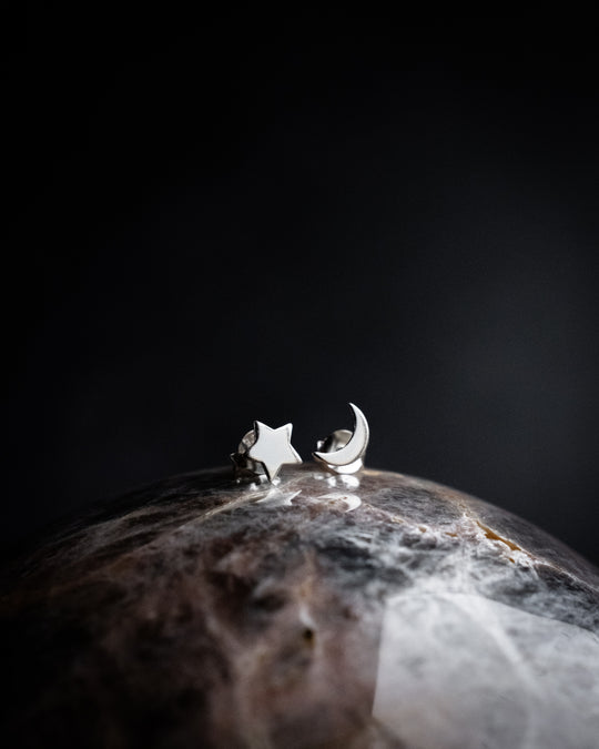 Moon &amp; Star Stud Recycled Sterling Silver Earrings - The Healing Pear