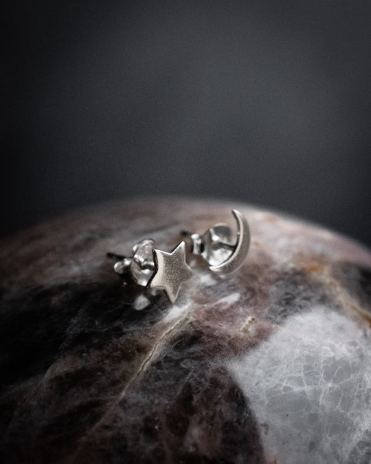 Moon &amp; Star Stud Recycled Sterling Silver Earrings - The Healing Pear