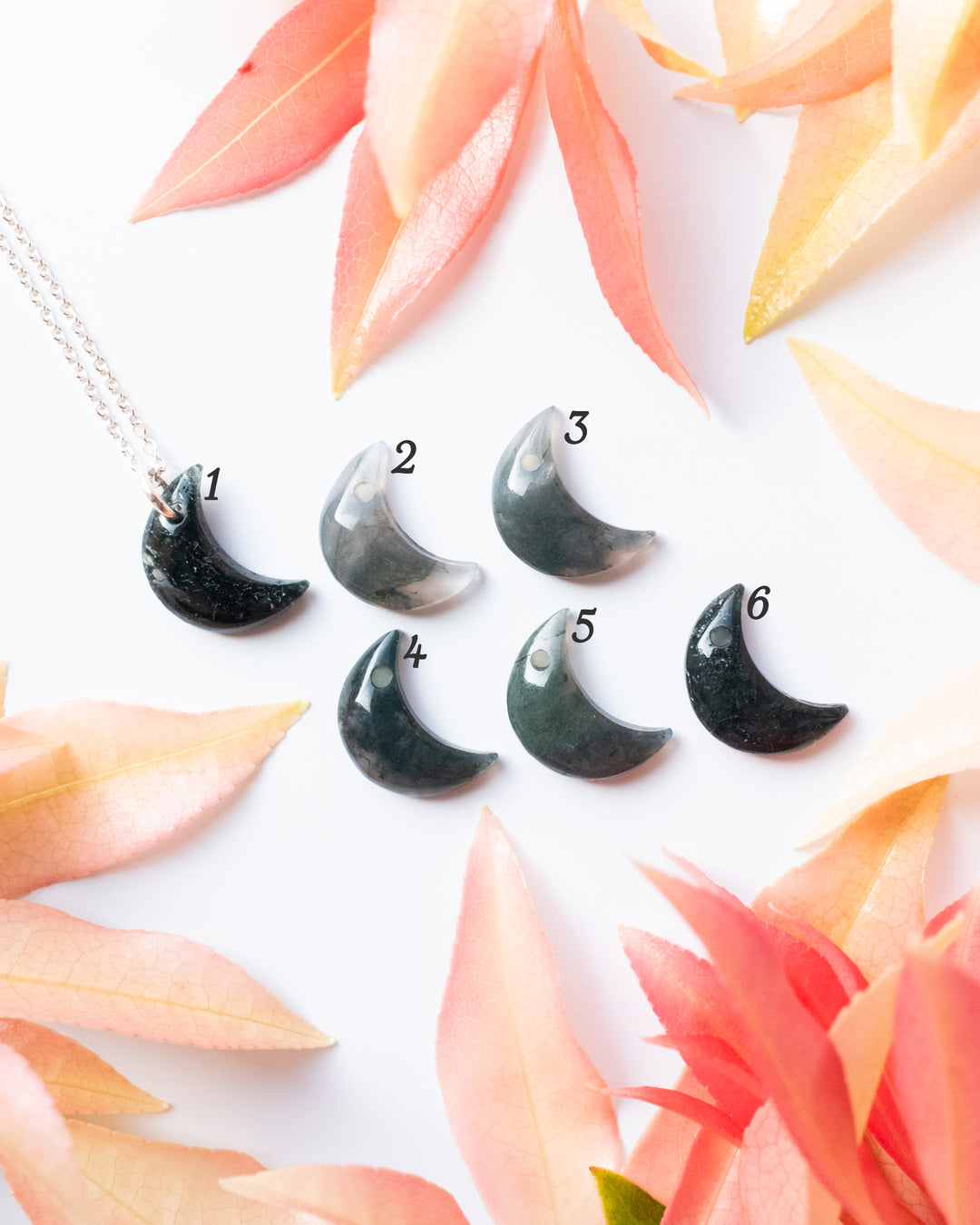 Moss Agate Crescent Moon Recycled Sterling Silver or Gold Necklace - The Healing Pear