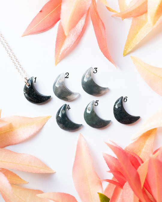 Moss Agate Crescent Moon Recycled Sterling Silver or Gold Necklace - The Healing Pear