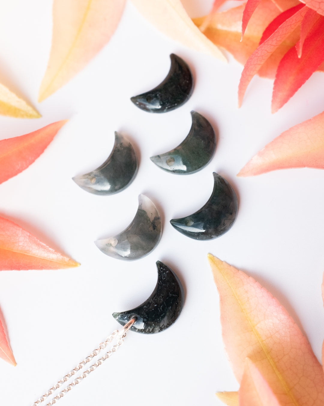 Moss Agate Crescent Moon Recycled Sterling Silver or Gold Necklace - The Healing Pear