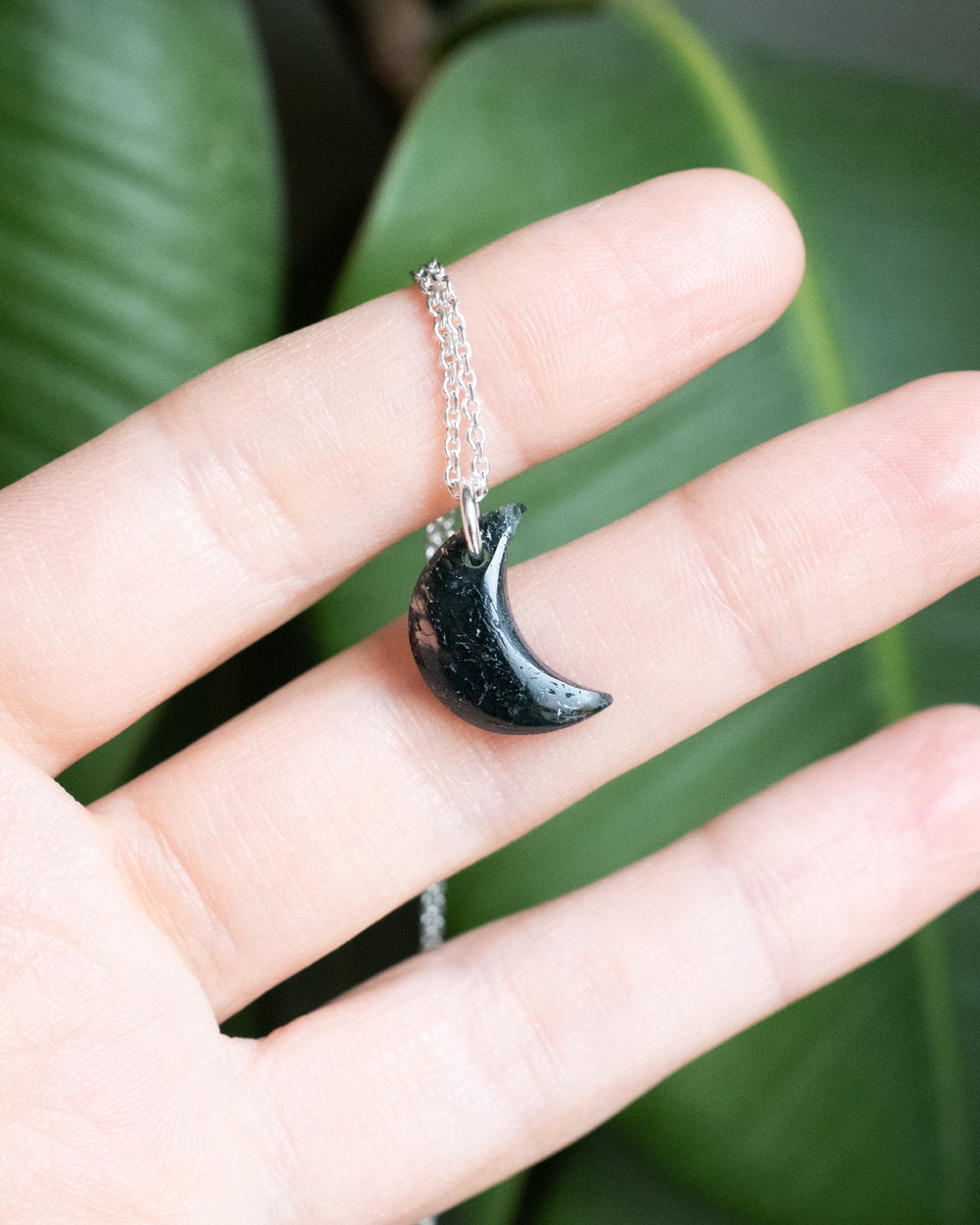 Moss Agate Crescent Moon Recycled Sterling Silver or Gold Necklace - The Healing Pear