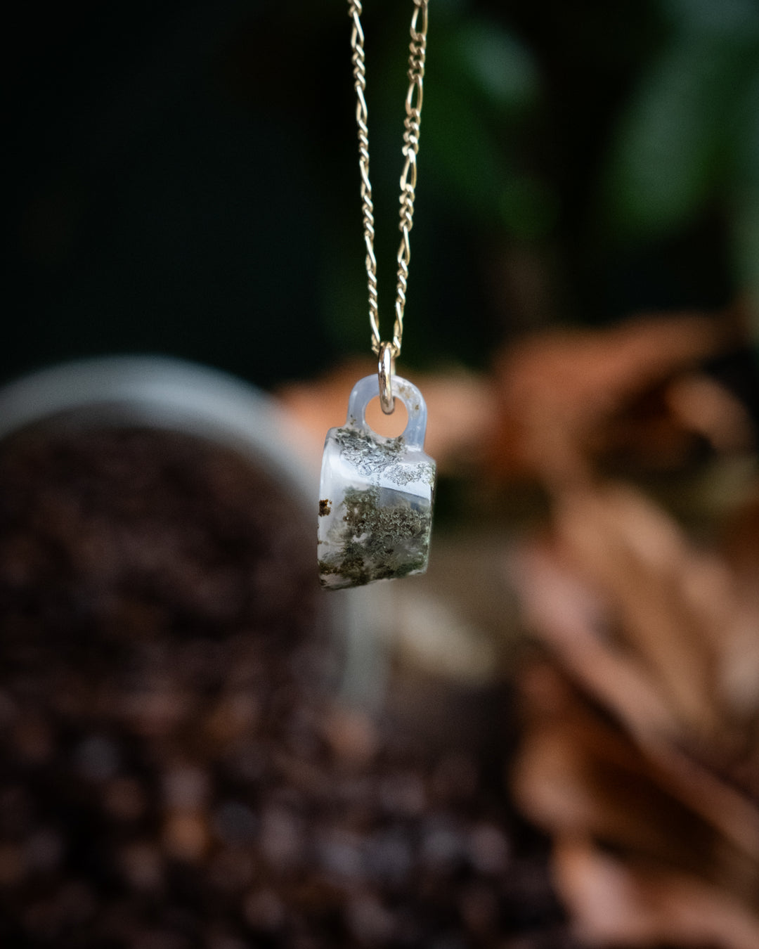 Moss Agate Hand Carved Mug Necklace - The Healing Pear