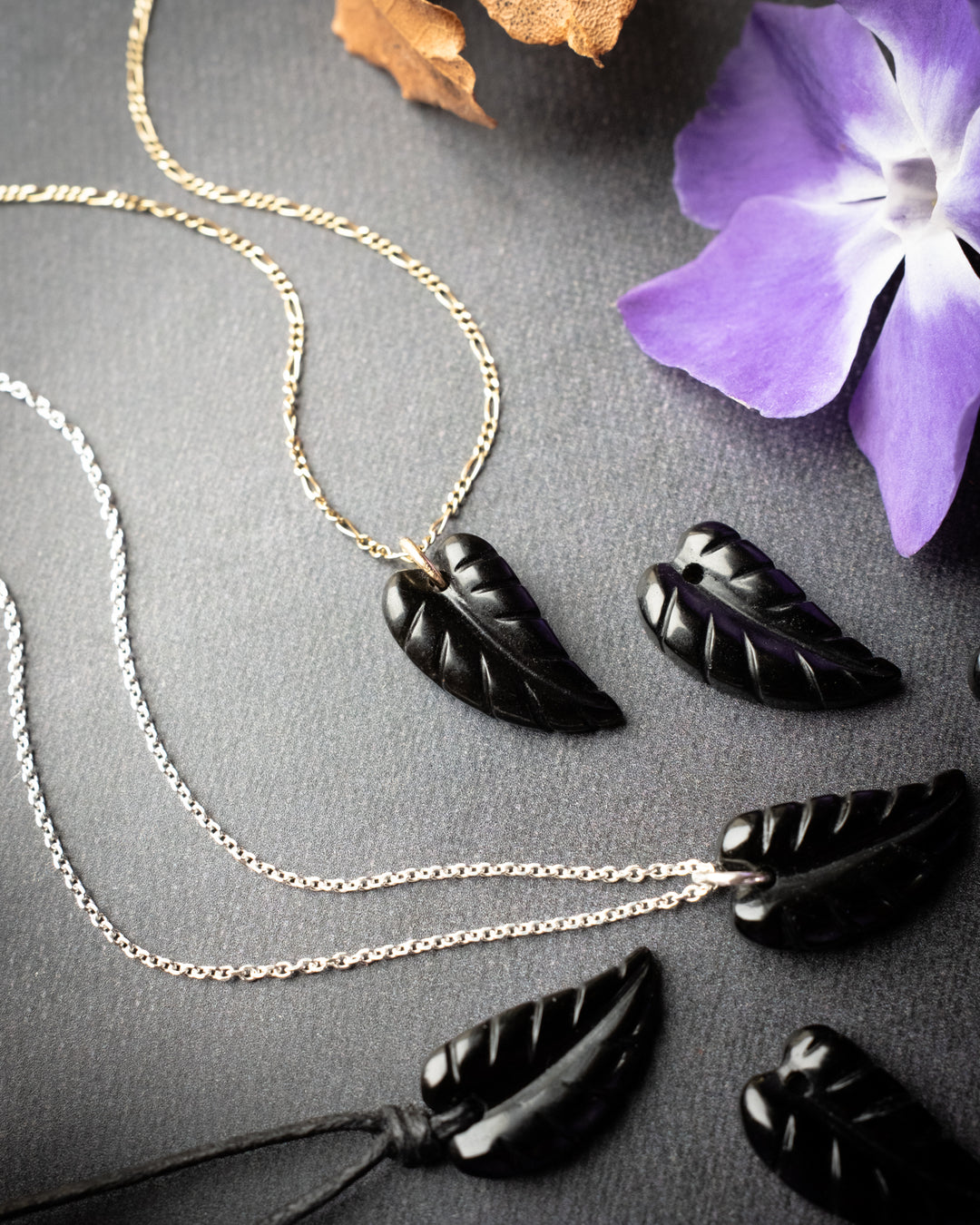 Obsidian Hand Carved Leaf Necklace - The Healing Pear