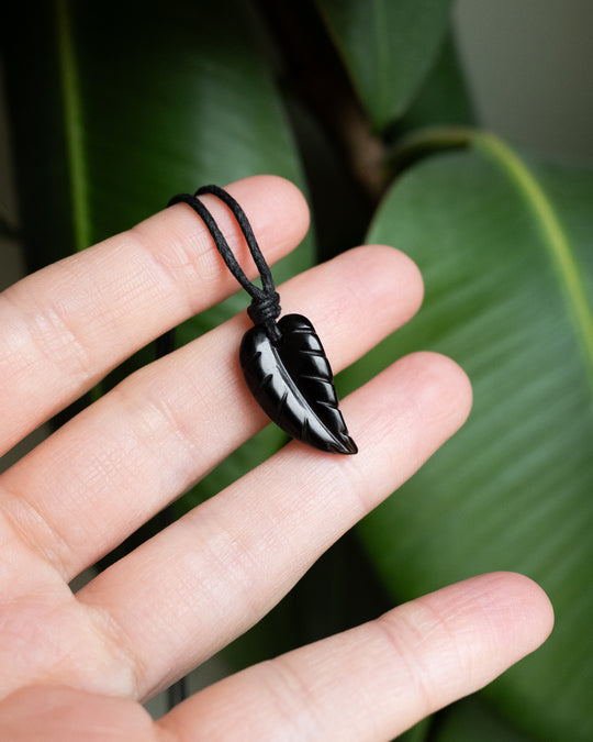 Obsidian Hand Carved Leaf Necklace - The Healing Pear