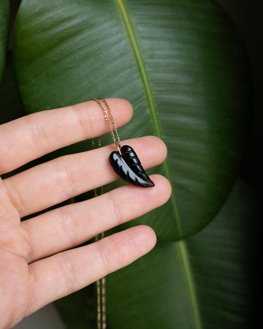 Obsidian Hand Carved Leaf Necklace - The Healing Pear