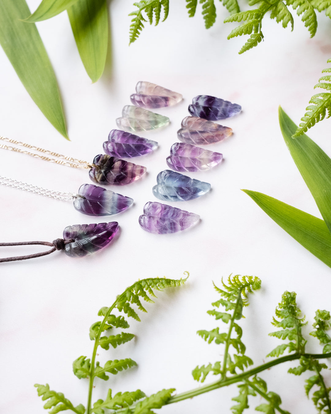 Rainbow Fluorite Hand Carved Leaf Necklace - The Healing Pear
