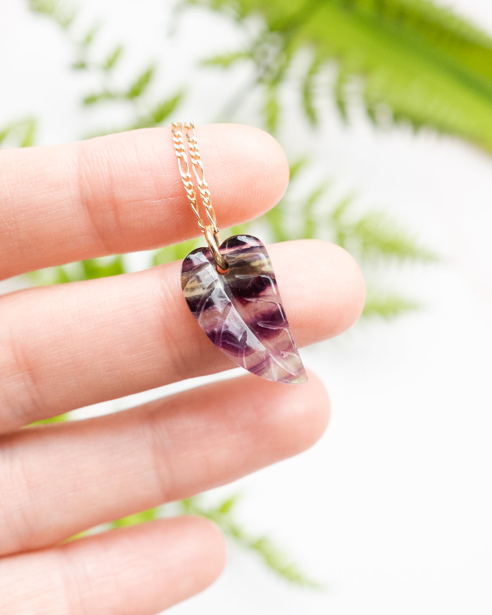Rainbow Fluorite Hand Carved Leaf Necklace - The Healing Pear