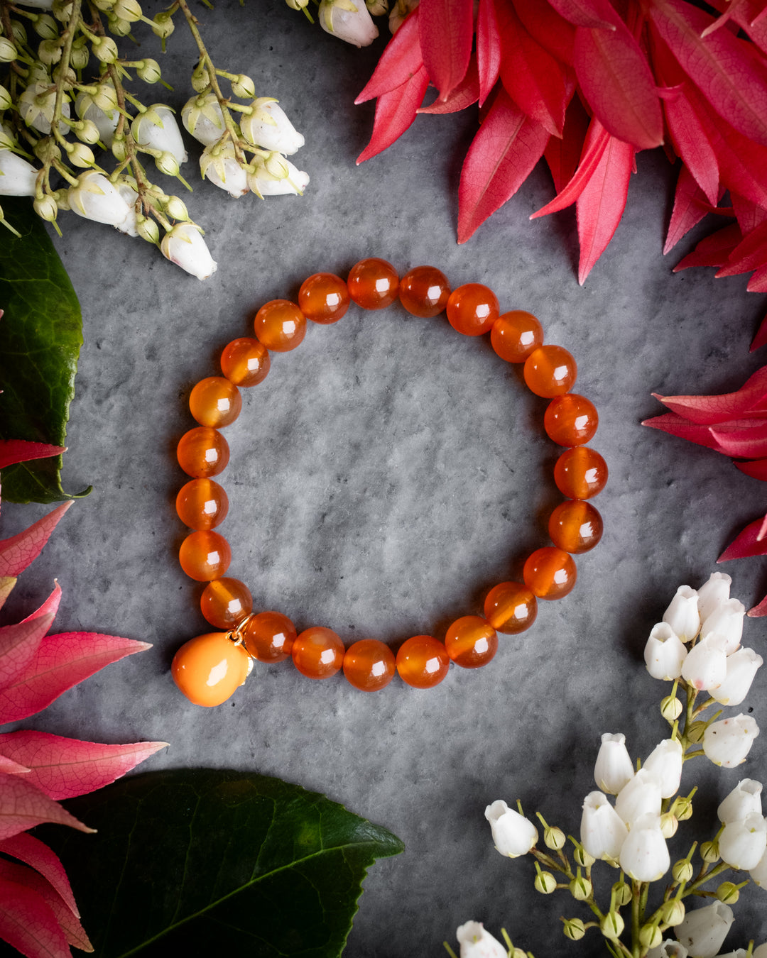 Enamel Orange &amp; Carnelian Round Bead Bracelet - The Healing Pear