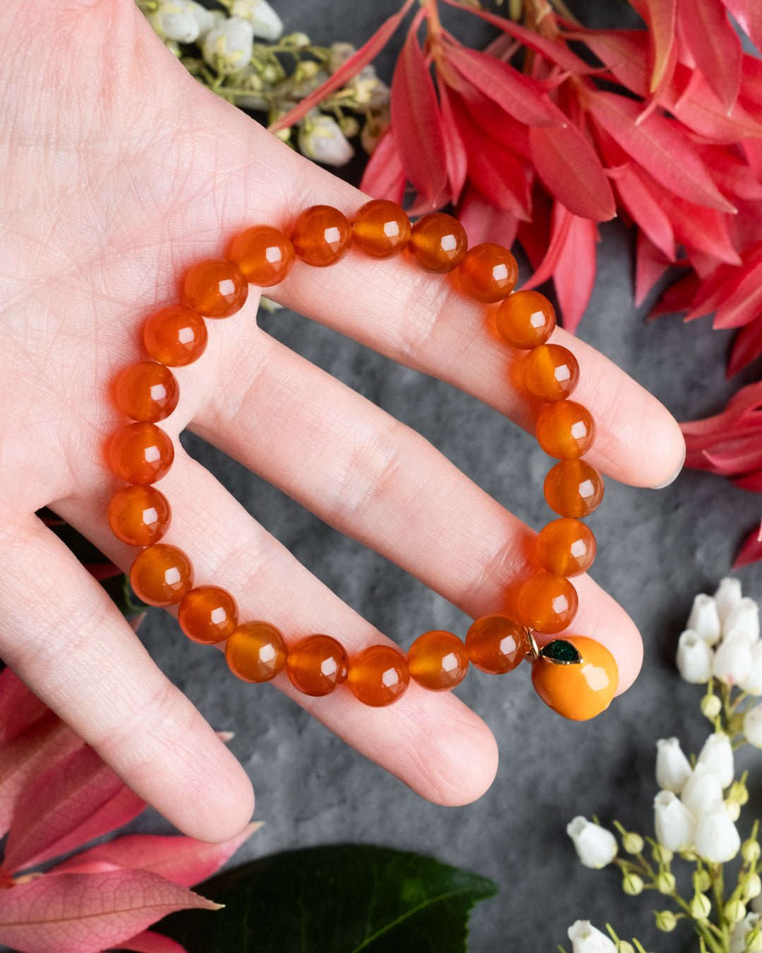 Enamel Orange &amp; Carnelian Round Bead Bracelet - The Healing Pear